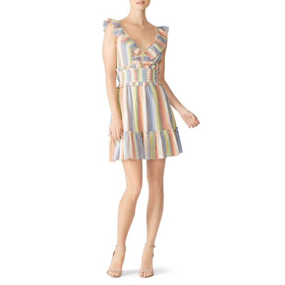 Saylor Alma Rainbow Striped Ruffled V-Neck Sleeveless Mini Dress Size L - Picture 1 of 15